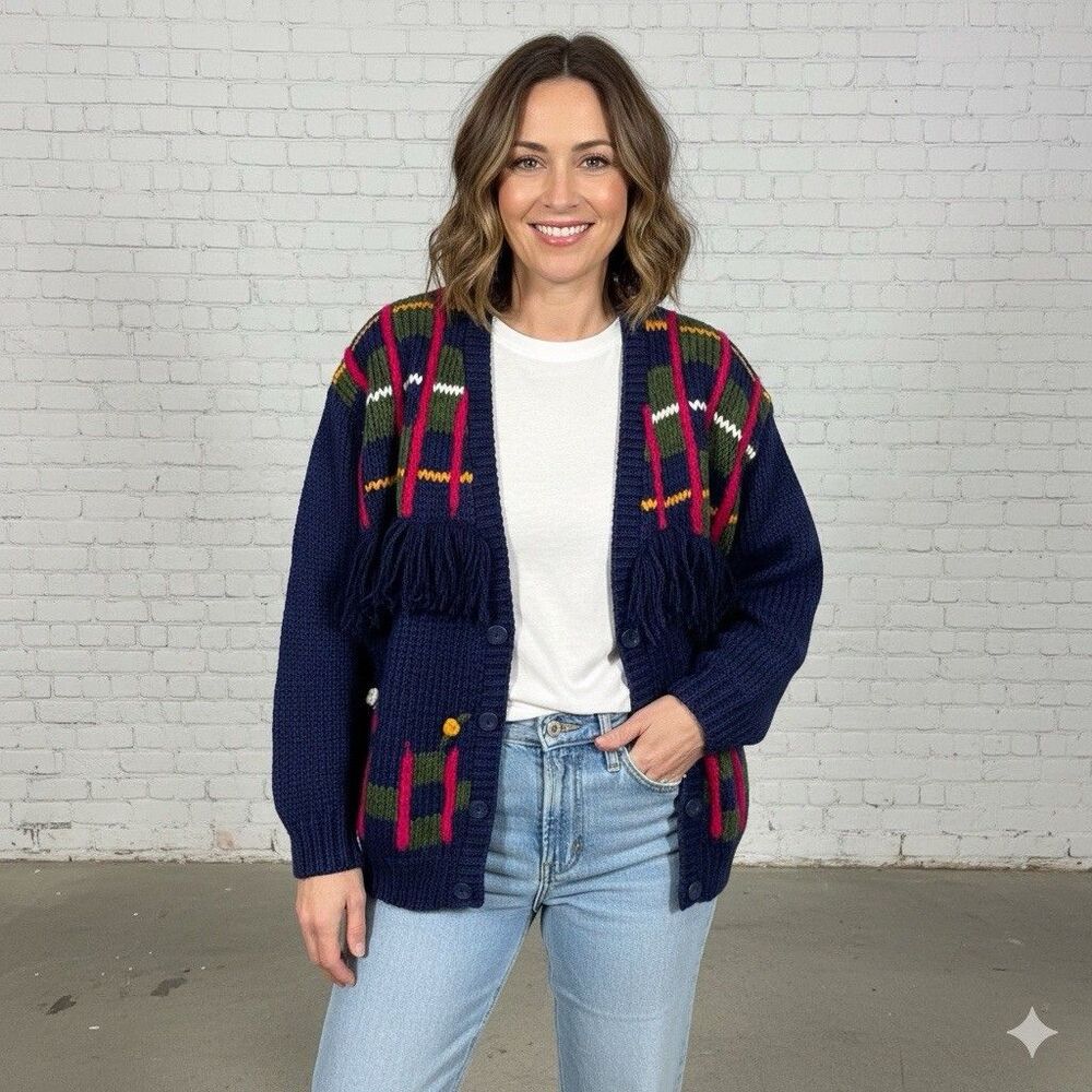 90s Carolina Colours Navy Fringe Cardigan Sweater Cottagecore Grandpa Medium